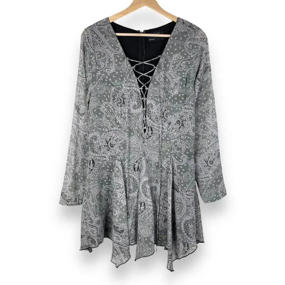 ASOS Dress 10 Black Paisley Whimsigoth Witchy Mini Lace Up Fairy Grunge Emo Boho